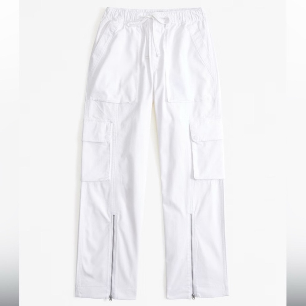 Abercrombie White Wide Leg Cargo Pants with Zipper Detail White